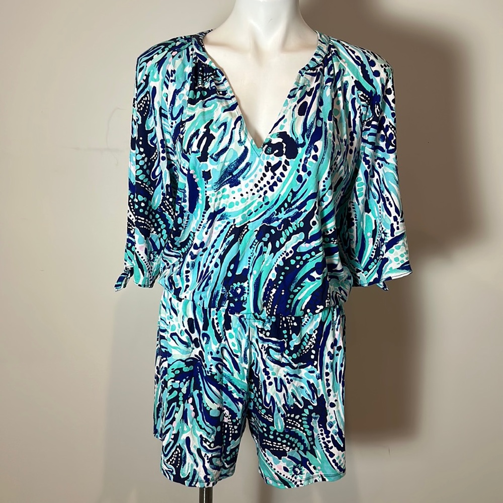 Lilly Pulitzer Blue Teal Patterned V-Neck Romper